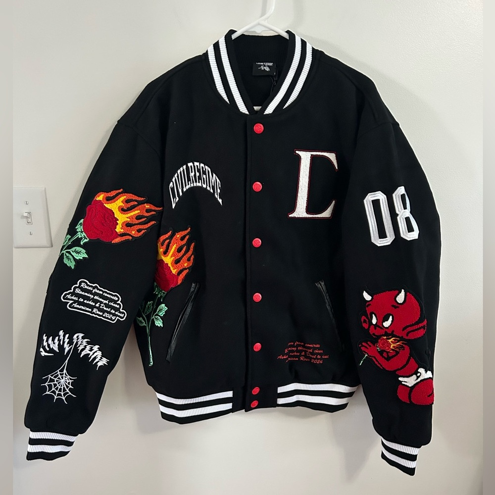 Civil Regime Flames V2 Varsity Jacket In Black Sz L Brand New SHIPS FAST